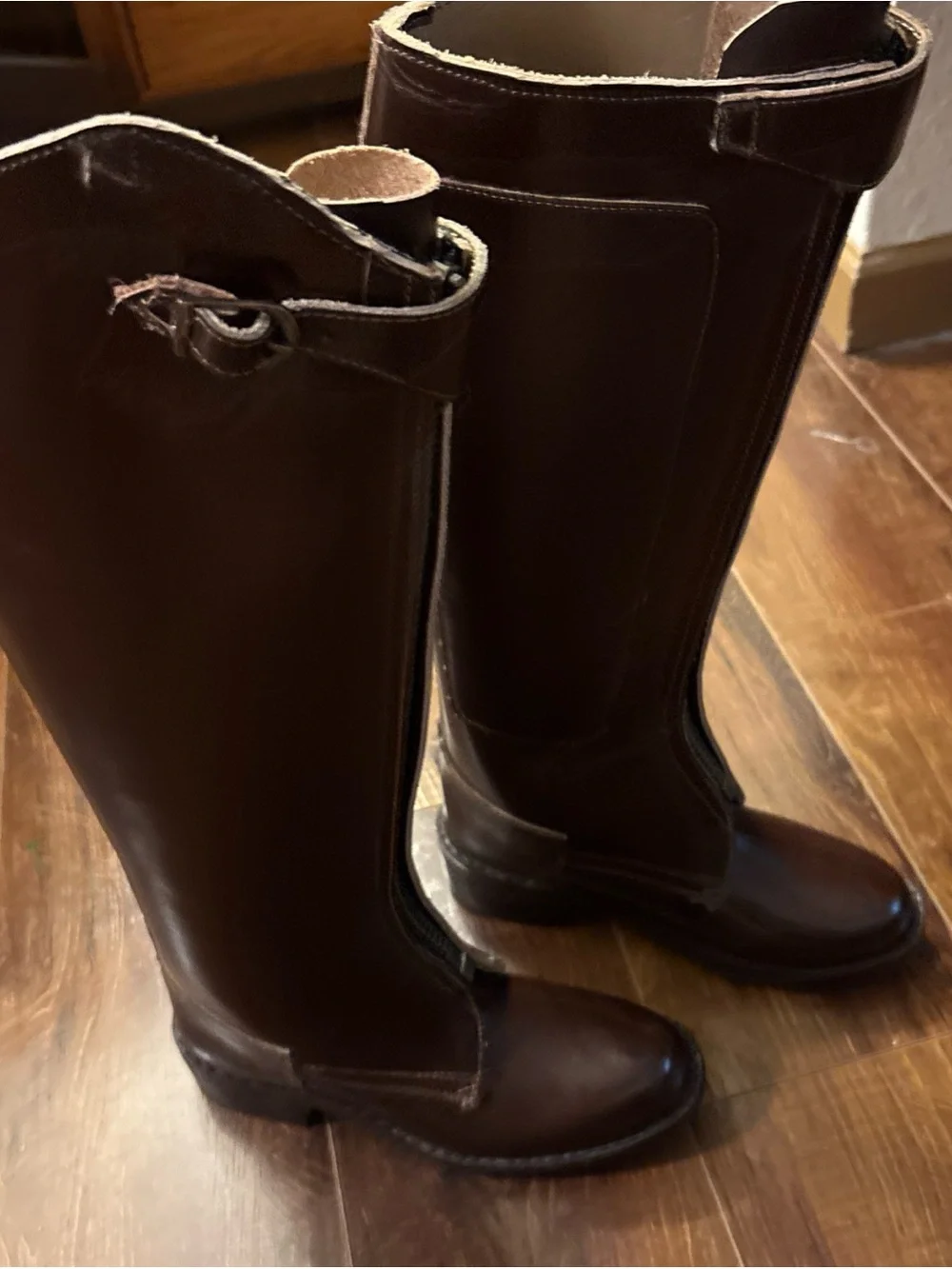 Brown Genuine Leather Riding Boots Knee High Equestrian Front Zip